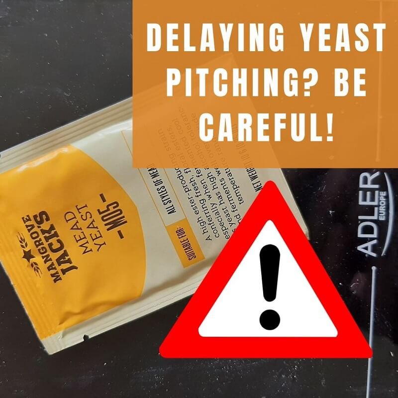 Yeast on a table with a text warning about delaying yeast pitching