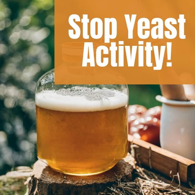 Active yeast in a glass fermenter and text "stop yeast activity!"